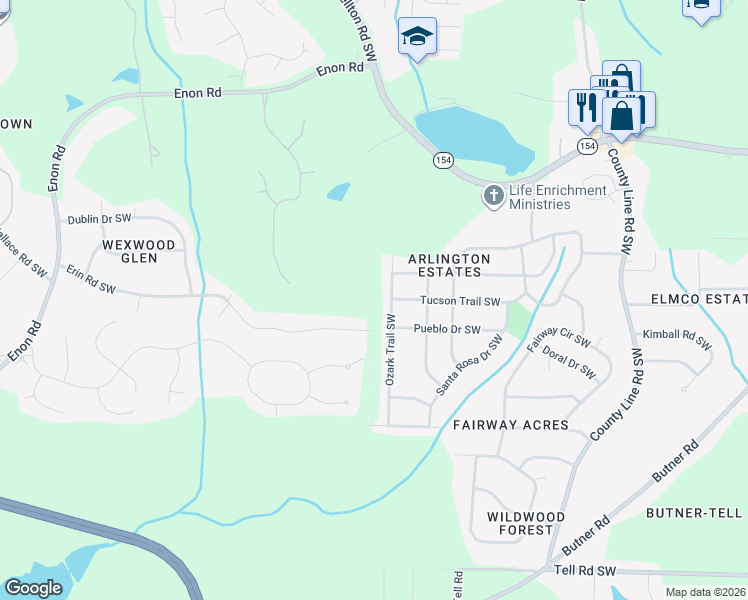 map of restaurants, bars, coffee shops, grocery stores, and more near 2200 Kenny Road Southwest in Atlanta