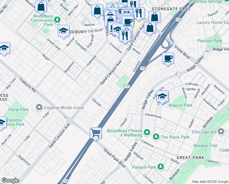 map of restaurants, bars, coffee shops, grocery stores, and more near 308 Bronze in Irvine