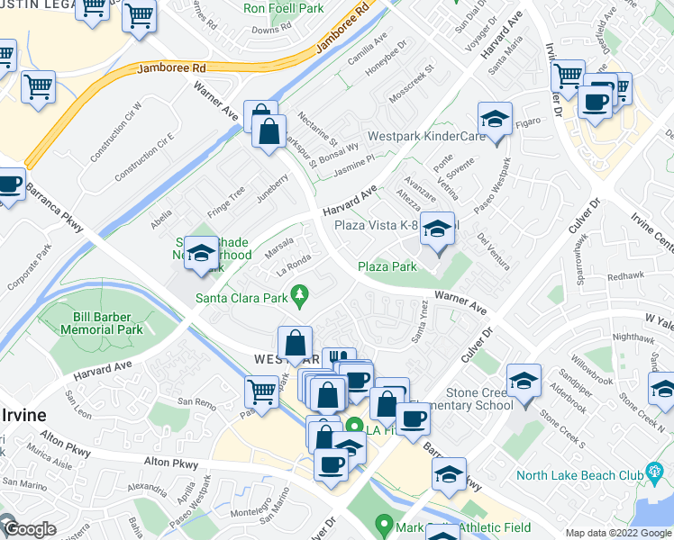map of restaurants, bars, coffee shops, grocery stores, and more near 307 Marinella Aisle in Irvine