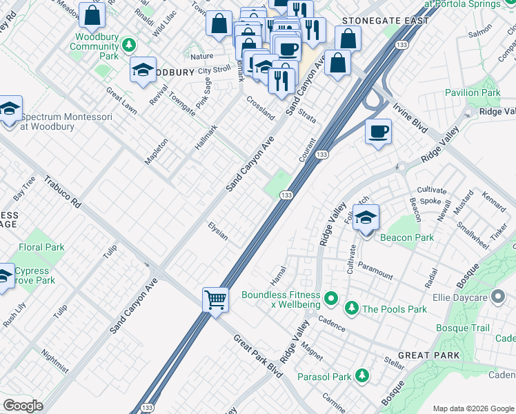 map of restaurants, bars, coffee shops, grocery stores, and more near 302 Bronze in Irvine