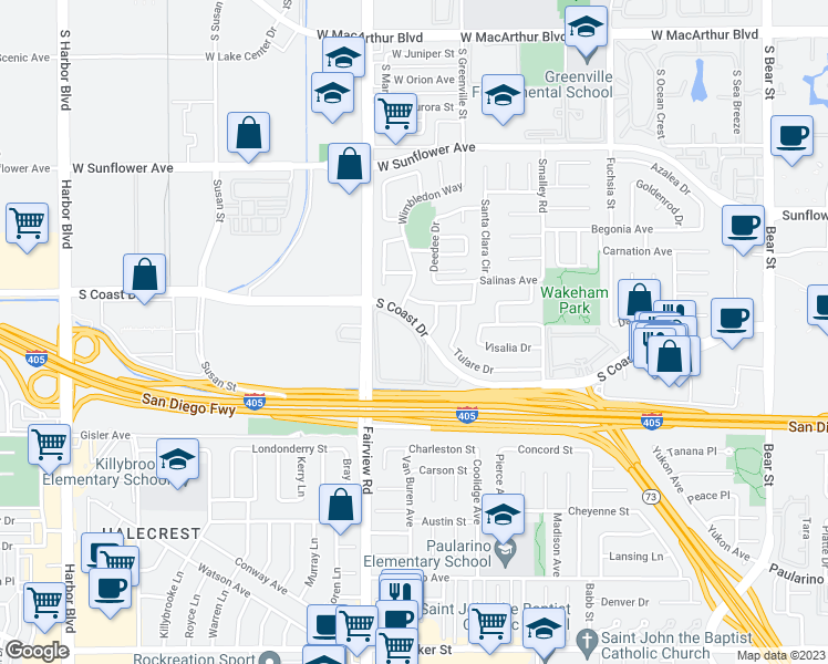 map of restaurants, bars, coffee shops, grocery stores, and more near 1111 Buckingham Drive in Costa Mesa