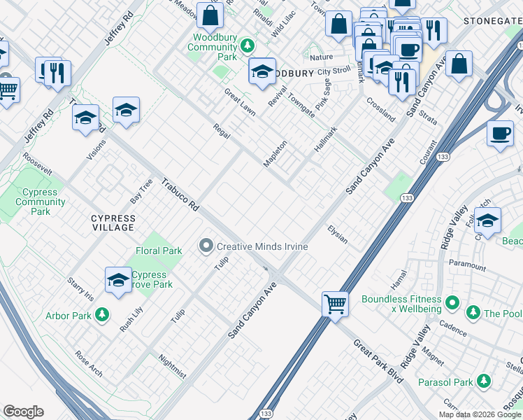 map of restaurants, bars, coffee shops, grocery stores, and more near 39 Skyward in Irvine