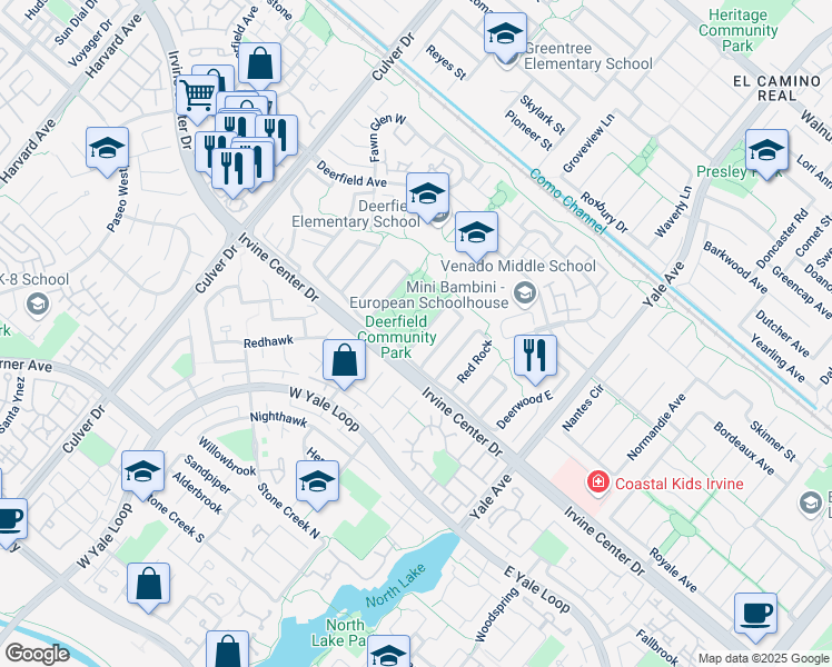 map of restaurants, bars, coffee shops, grocery stores, and more near 55 Deerwood West in Irvine