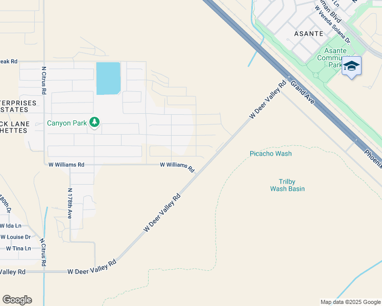 map of restaurants, bars, coffee shops, grocery stores, and more near 17260-17572 West Deer Valley Road in Surprise