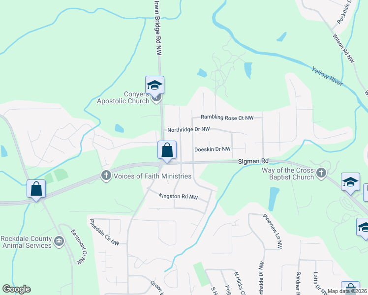 map of restaurants, bars, coffee shops, grocery stores, and more near 1724 Wesley Way Northwest in Conyers