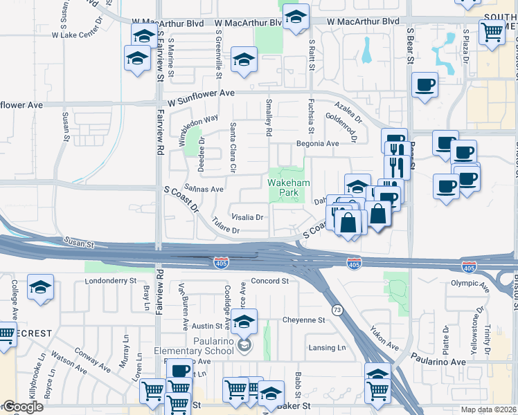 map of restaurants, bars, coffee shops, grocery stores, and more near 1063 Redding Avenue in Costa Mesa