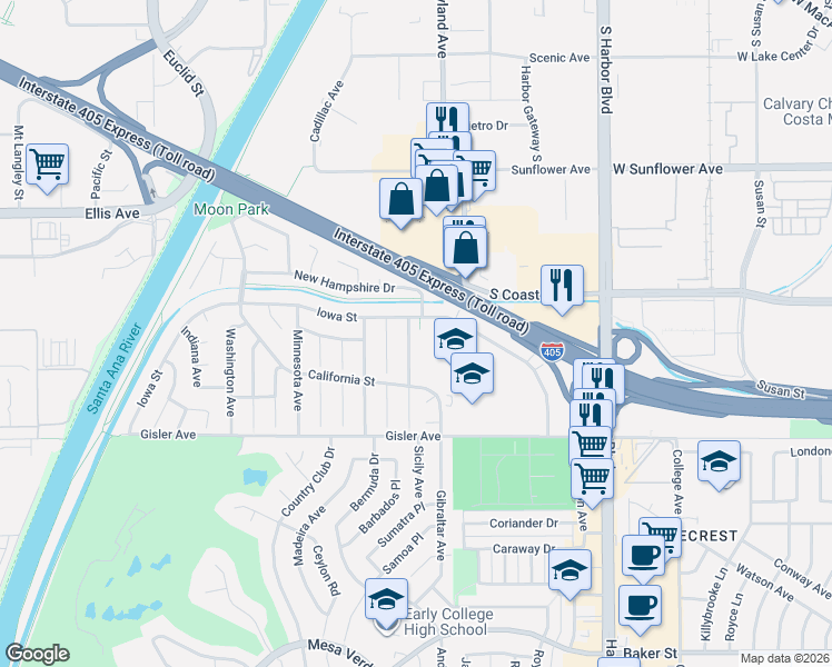 map of restaurants, bars, coffee shops, grocery stores, and more near 3268 Michigan Avenue in Costa Mesa
