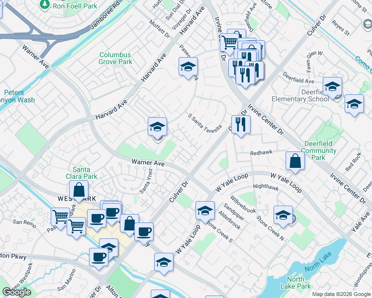 map of restaurants, bars, coffee shops, grocery stores, and more near 14 Del Cambrea in Irvine