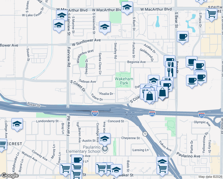 map of restaurants, bars, coffee shops, grocery stores, and more near 1063 Redding Avenue in Costa Mesa