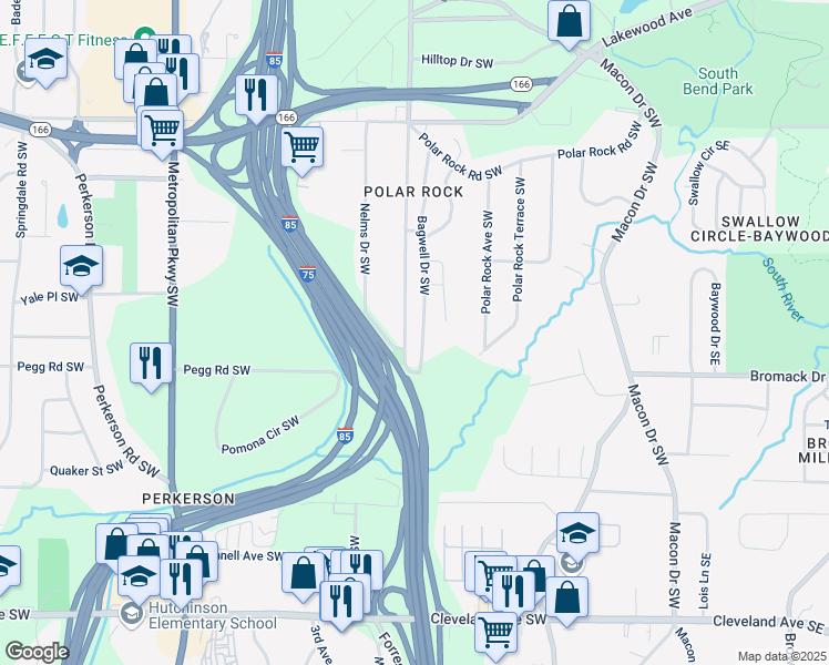 map of restaurants, bars, coffee shops, grocery stores, and more near 2346 Pryor Road Southwest in Atlanta