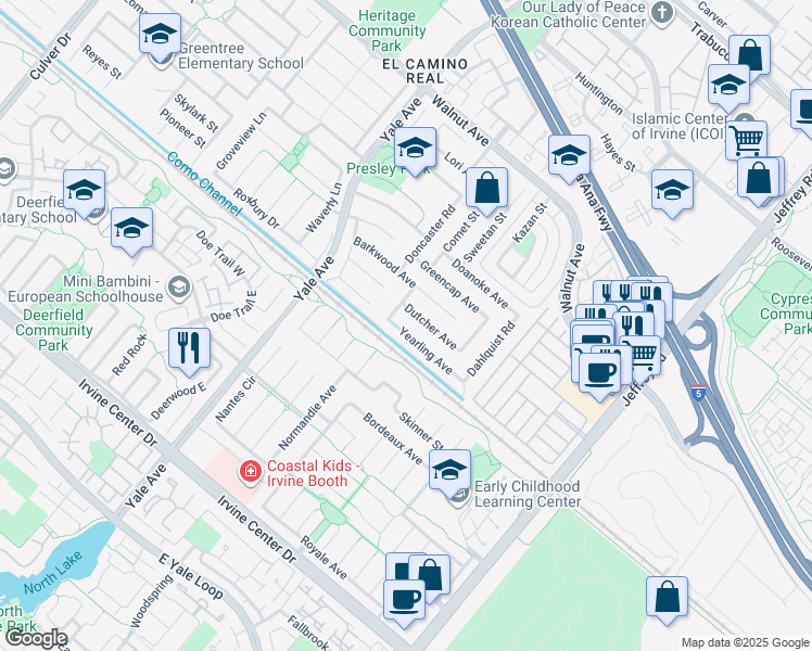 map of restaurants, bars, coffee shops, grocery stores, and more near 5011 Yearling Avenue in Irvine