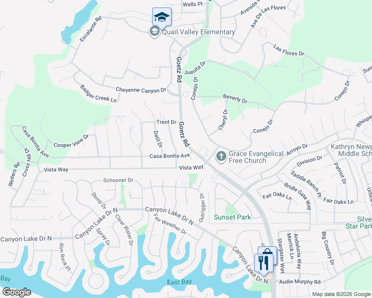 map of restaurants, bars, coffee shops, grocery stores, and more near 29615 Goetz Road in Menifee