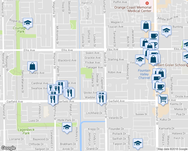 map of restaurants, bars, coffee shops, grocery stores, and more near 18760 Cordata Street in Fountain Valley