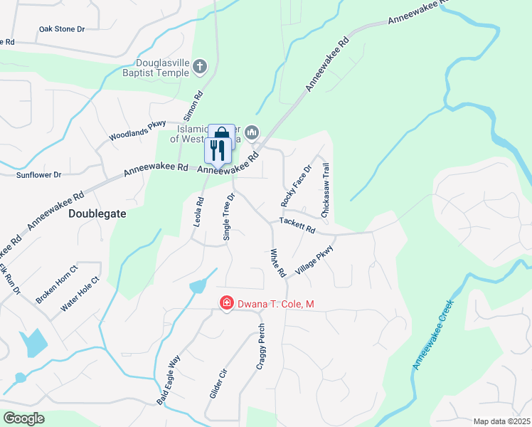 map of restaurants, bars, coffee shops, grocery stores, and more near 3704 Tackett Road in Douglasville