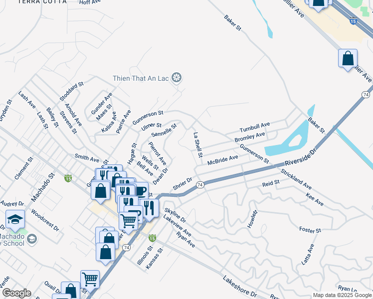 map of restaurants, bars, coffee shops, grocery stores, and more near Robertson Street in Lake Elsinore
