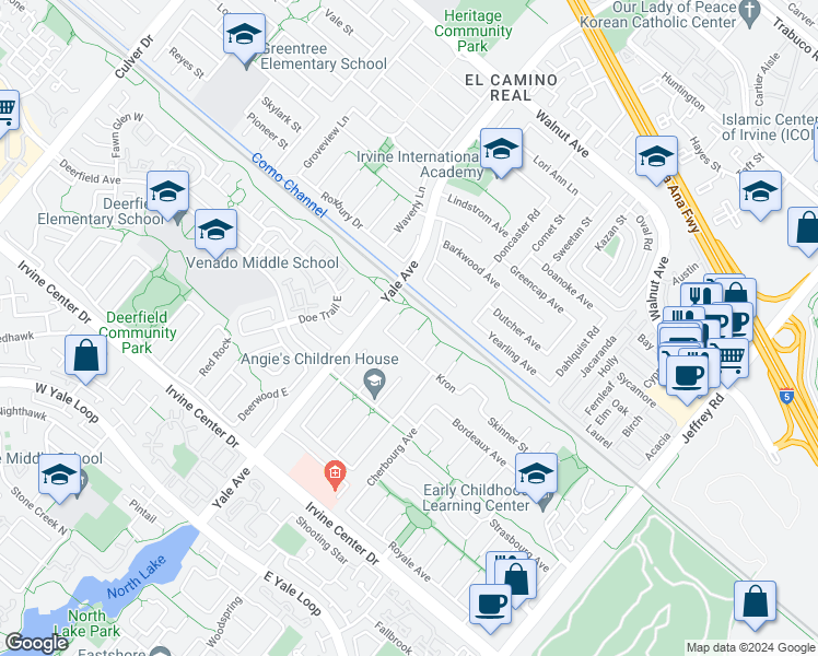 map of restaurants, bars, coffee shops, grocery stores, and more near 15061 Glass Circle in Irvine
