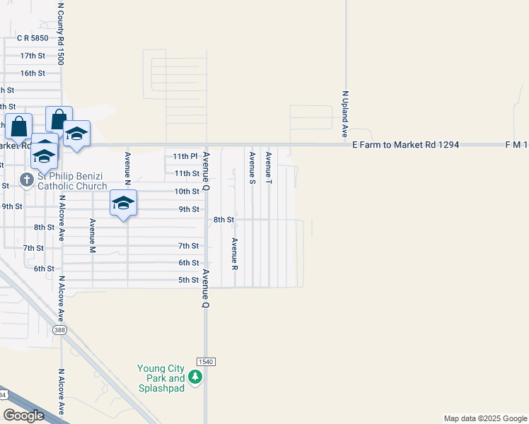 map of restaurants, bars, coffee shops, grocery stores, and more near 8th Street in Shallowater