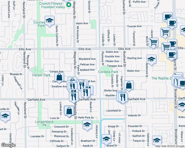 map of restaurants, bars, coffee shops, grocery stores, and more near 9144 Cockatoo Avenue in Fountain Valley