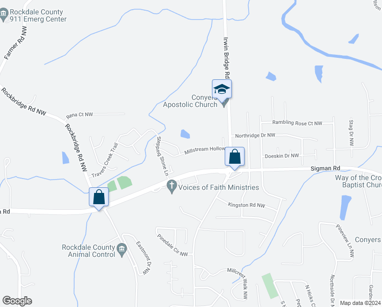 map of restaurants, bars, coffee shops, grocery stores, and more near 1881 Millstream Hollow in Conyers