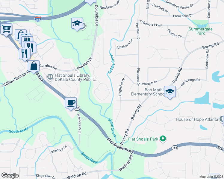 map of restaurants, bars, coffee shops, grocery stores, and more near 3225 Kingfisher Drive in Decatur