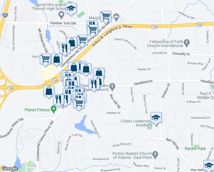 map of restaurants, bars, coffee shops, grocery stores, and more near 2413 Ben Hill Road in East Point