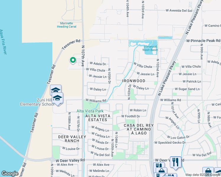 map of restaurants, bars, coffee shops, grocery stores, and more near 22813 North 105th Drive in Peoria