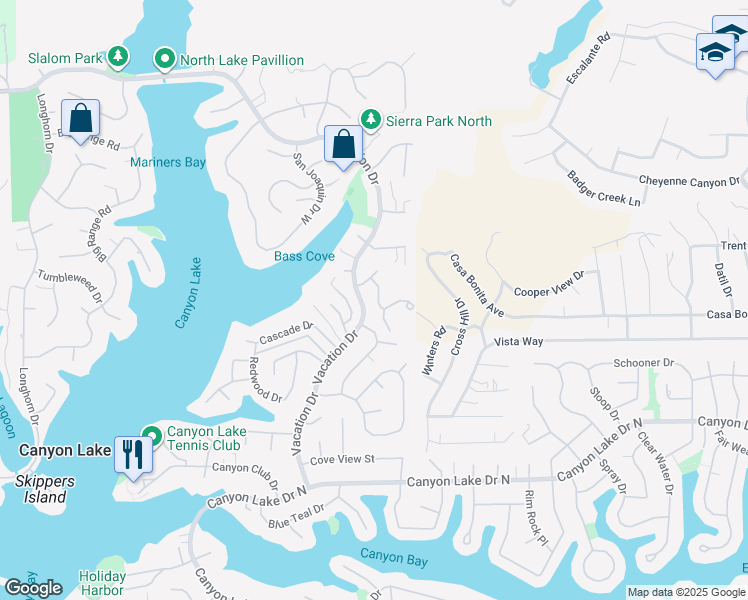 map of restaurants, bars, coffee shops, grocery stores, and more near 29642 Vacation Drive in Canyon Lake