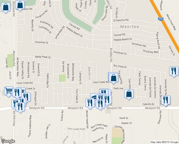 map of restaurants, bars, coffee shops, grocery stores, and more near Boynton Lane in Menifee