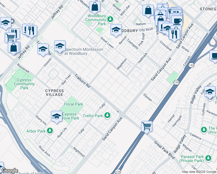 map of restaurants, bars, coffee shops, grocery stores, and more near 27 Constantine in Irvine