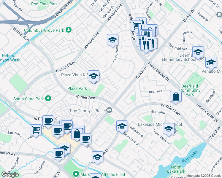 map of restaurants, bars, coffee shops, grocery stores, and more near 14 Del Cambrea in Irvine