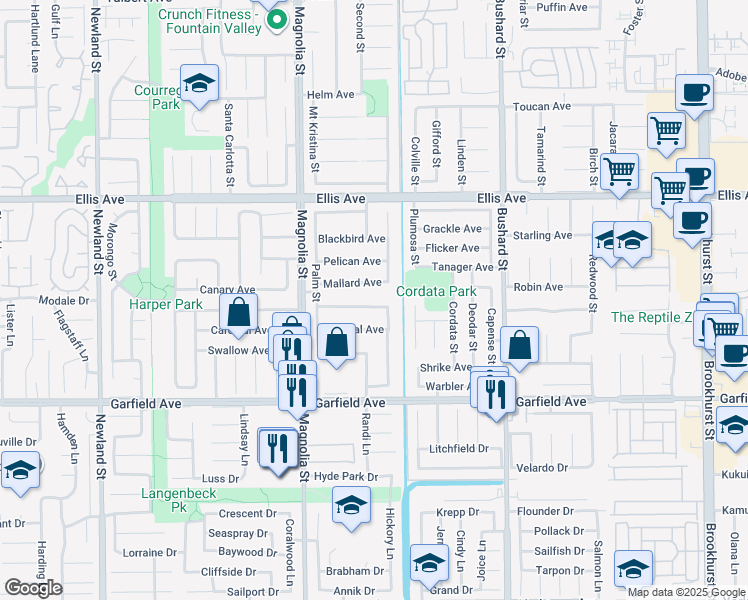 map of restaurants, bars, coffee shops, grocery stores, and more near 9144 Cockatoo Avenue in Fountain Valley