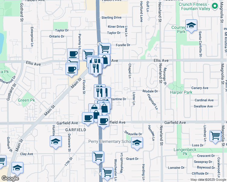 map of restaurants, bars, coffee shops, grocery stores, and more near 18761 Hoyt Circle in Huntington Beach