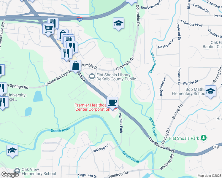 map of restaurants, bars, coffee shops, grocery stores, and more near 3243 Shoals Park Drive in Decatur
