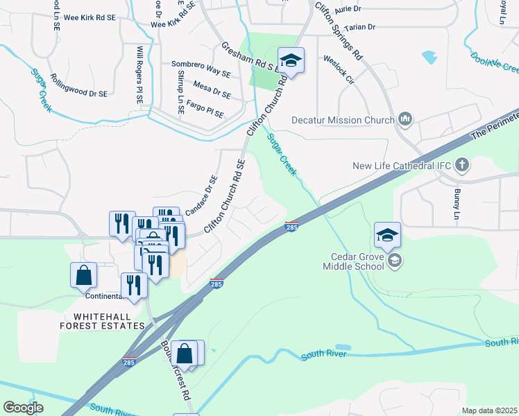 map of restaurants, bars, coffee shops, grocery stores, and more near 3237 Sugar Creek Trce in Atlanta