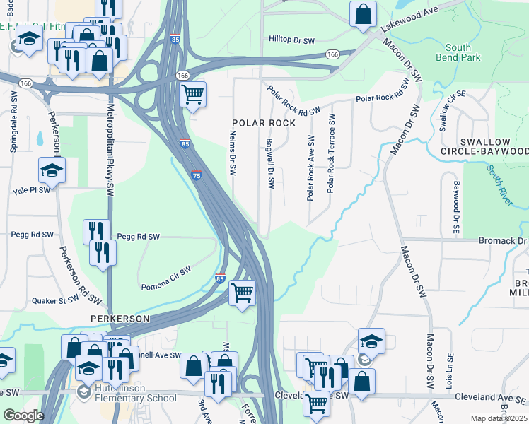 map of restaurants, bars, coffee shops, grocery stores, and more near 2346 Pryor Road Southwest in Atlanta