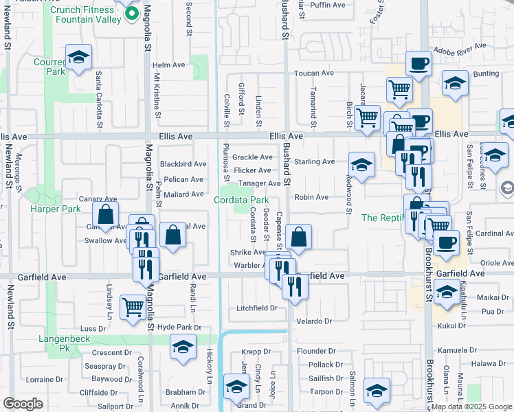 map of restaurants, bars, coffee shops, grocery stores, and more near 18760 Cordata Street in Fountain Valley