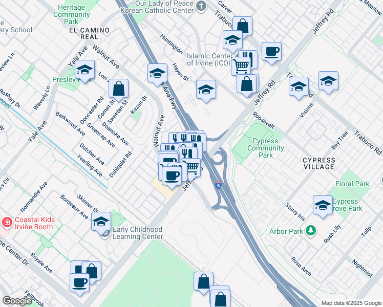map of restaurants, bars, coffee shops, grocery stores, and more near 5404 Walnut Avenue in Irvine