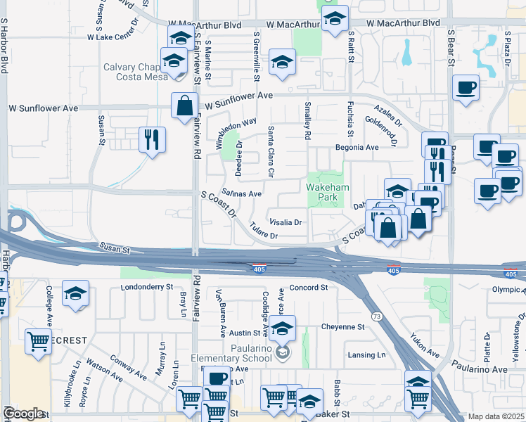 map of restaurants, bars, coffee shops, grocery stores, and more near 1110 Redding Avenue in Costa Mesa