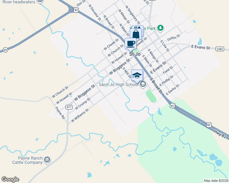 map of restaurants, bars, coffee shops, grocery stores, and more near 601 East Williams Street in Saint Jo