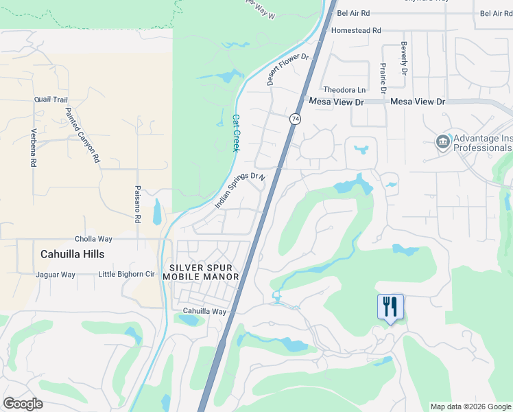 map of restaurants, bars, coffee shops, grocery stores, and more near 49305 California 74 in Palm Desert