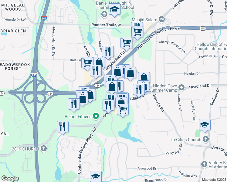 map of restaurants, bars, coffee shops, grocery stores, and more near 2760 Greenbriar Parkway Southwest in Atlanta