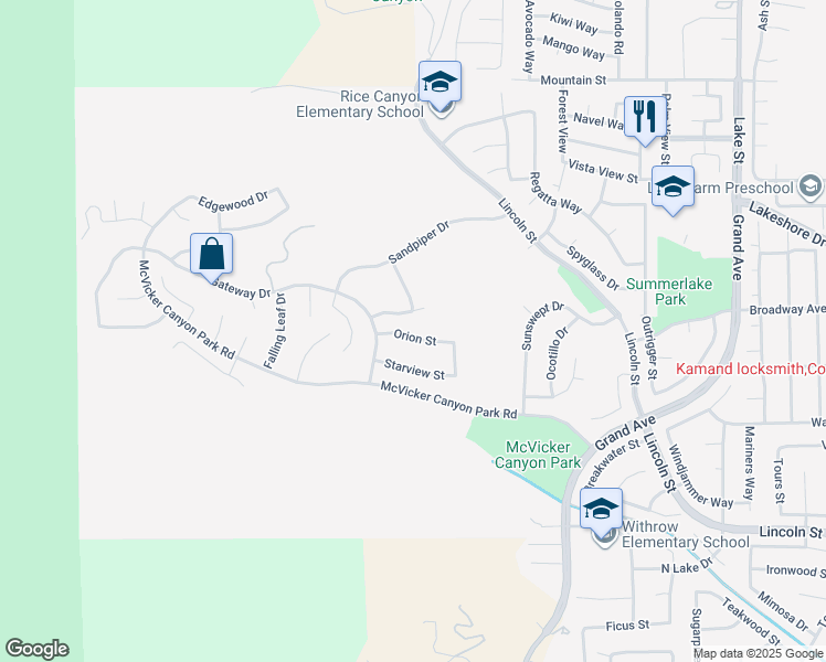 map of restaurants, bars, coffee shops, grocery stores, and more near 15502 Orion Street in Lake Elsinore