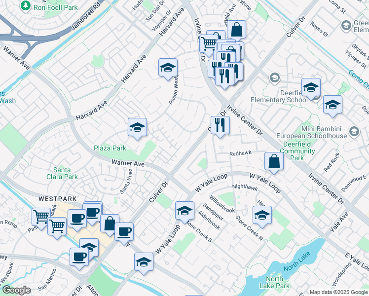 map of restaurants, bars, coffee shops, grocery stores, and more near 59 Del Cambrea in Irvine