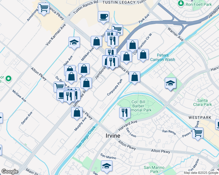 map of restaurants, bars, coffee shops, grocery stores, and more near 46 Corporate Park in Irvine