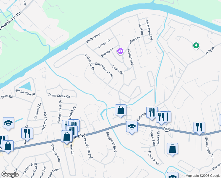 map of restaurants, bars, coffee shops, grocery stores, and more near 409 Luttie Road in Myrtle Beach