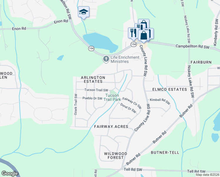 map of restaurants, bars, coffee shops, grocery stores, and more near 4638 Tucson Trail Southwest in Atlanta