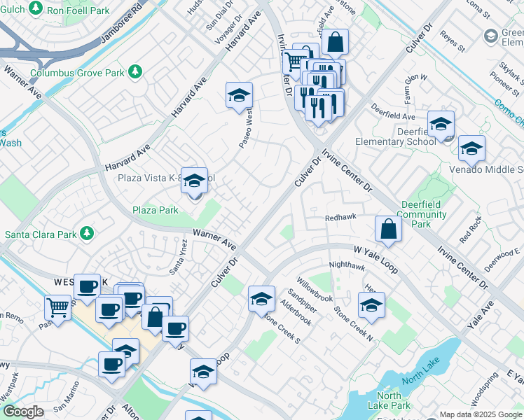 map of restaurants, bars, coffee shops, grocery stores, and more near 59 Del Cambrea in Irvine