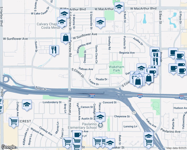 map of restaurants, bars, coffee shops, grocery stores, and more near 1110 Redding Avenue in Costa Mesa