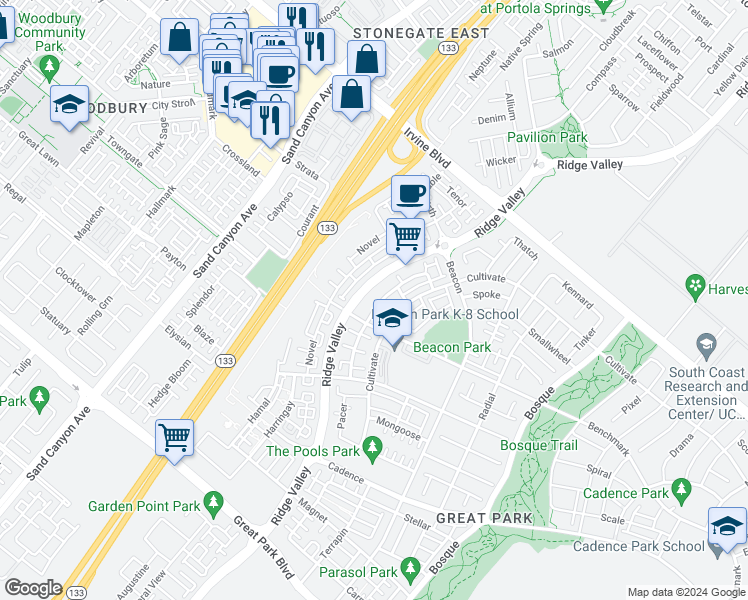 map of restaurants, bars, coffee shops, grocery stores, and more near 181 Follyhatch in Irvine