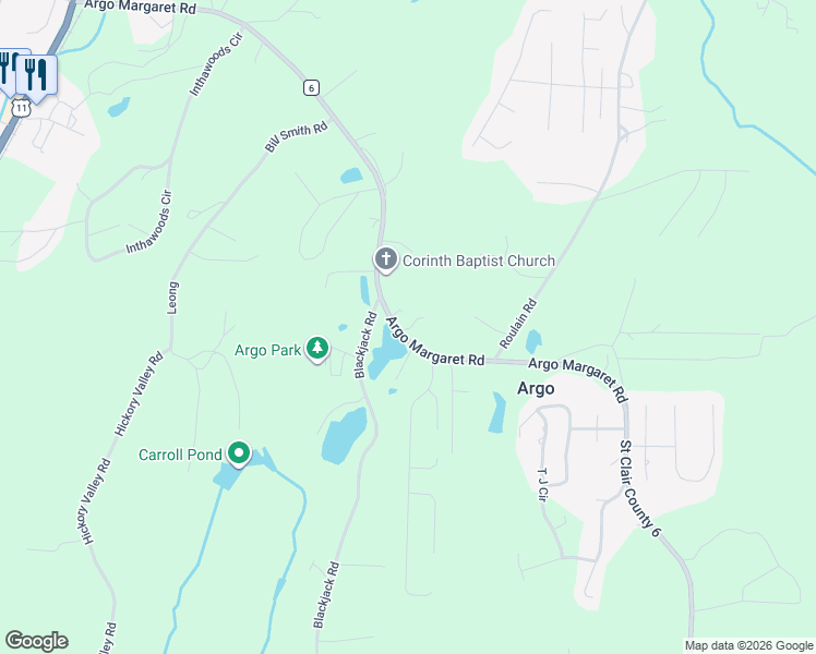 map of restaurants, bars, coffee shops, grocery stores, and more near 1021 County Road 6 in Odenville
